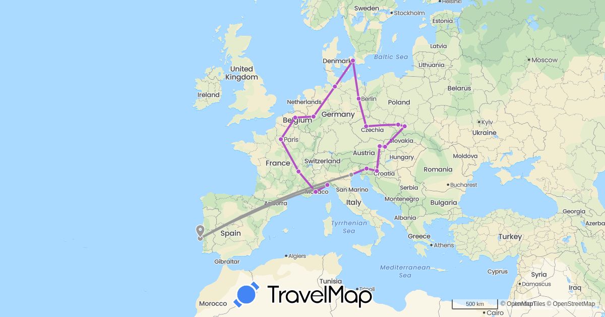 TravelMap itinerary: plane, train in Austria, Belgium, Czech Republic, Germany, Denmark, France, Croatia, Italy, Poland, Portugal, Slovenia, Slovakia (Europe)