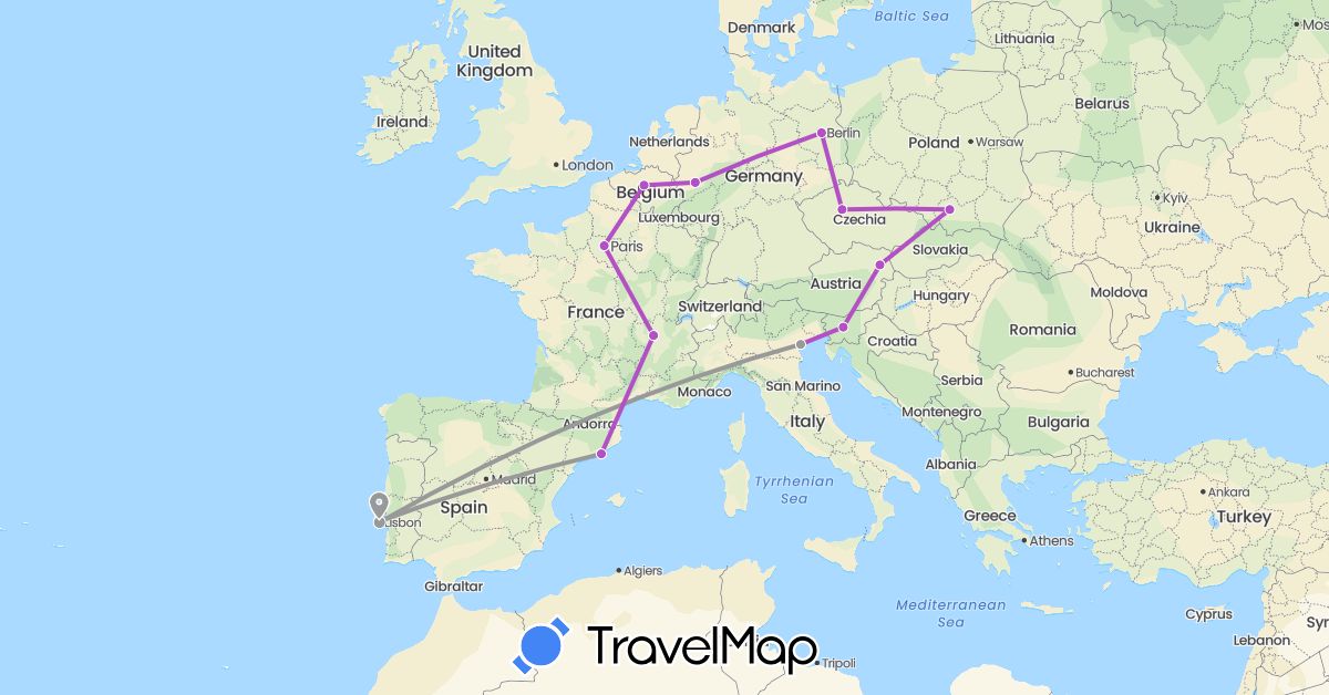 TravelMap itinerary: driving, plane, train in Austria, Belgium, Czech Republic, Germany, Spain, France, Italy, Poland, Portugal, Slovenia (Europe)