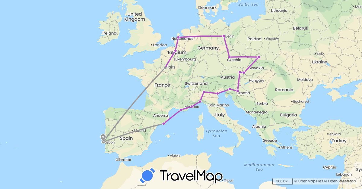 TravelMap itinerary: driving, plane, train in Austria, Belgium, Czech Republic, Germany, Spain, France, Croatia, Italy, Monaco, Netherlands, Poland, Portugal, Slovenia, Slovakia (Europe)